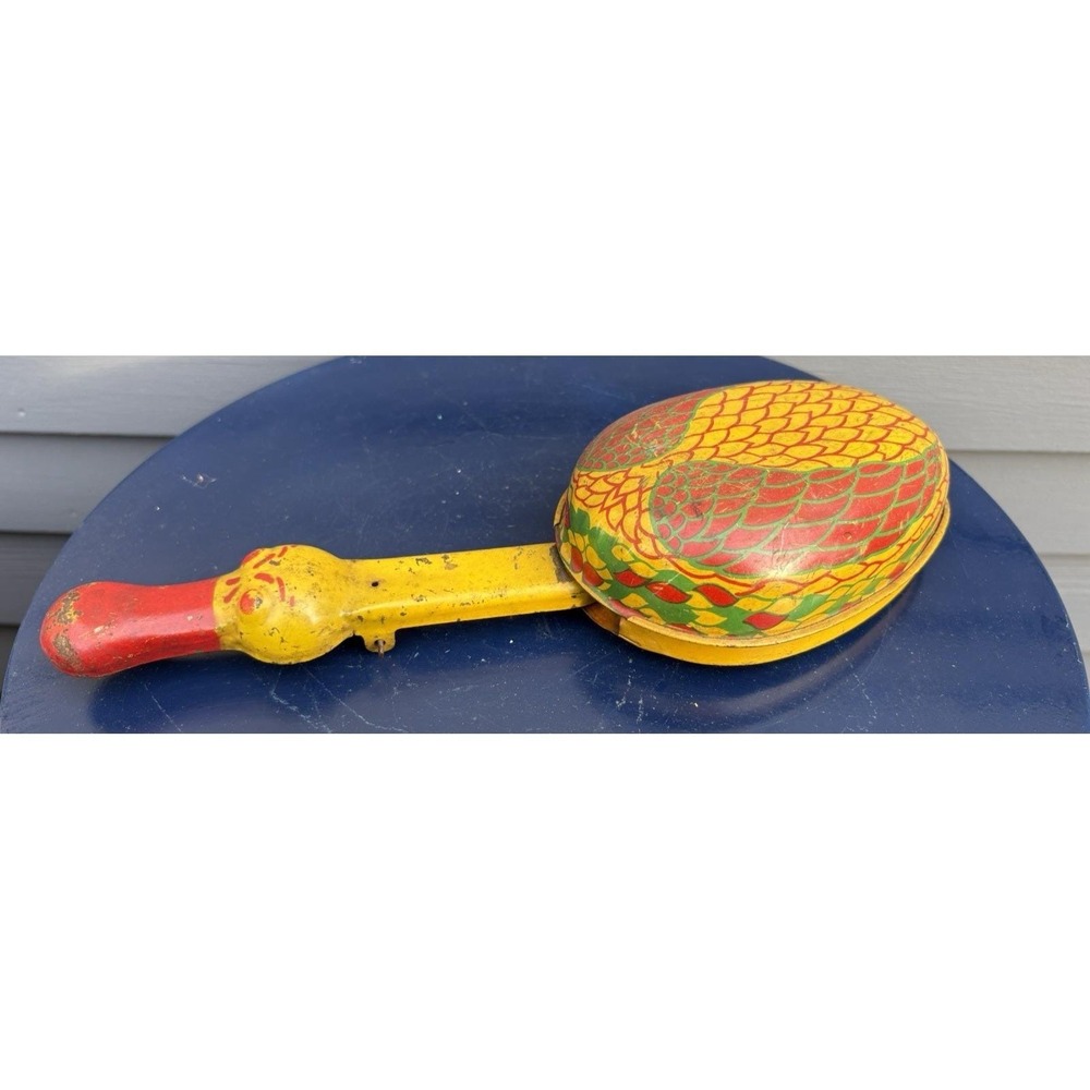 Vintage tin steel litho unmarked pull toy duck wood wheels 1930's great colors